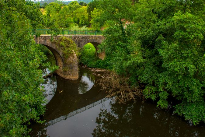 Tranquil river in green vegetation with aged bridge