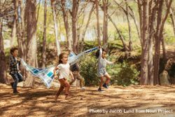 Four kids running in park with picnic blanket 5oWlz5