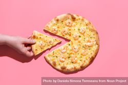 Shrimp pizza isolated on a pink background with hand taking a slice 5Rxg2b