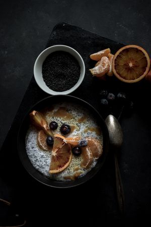 Chia seeds pudding with citrus in bowl