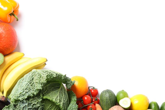 Composition with ripe vegetables and fruits isolated. Top view