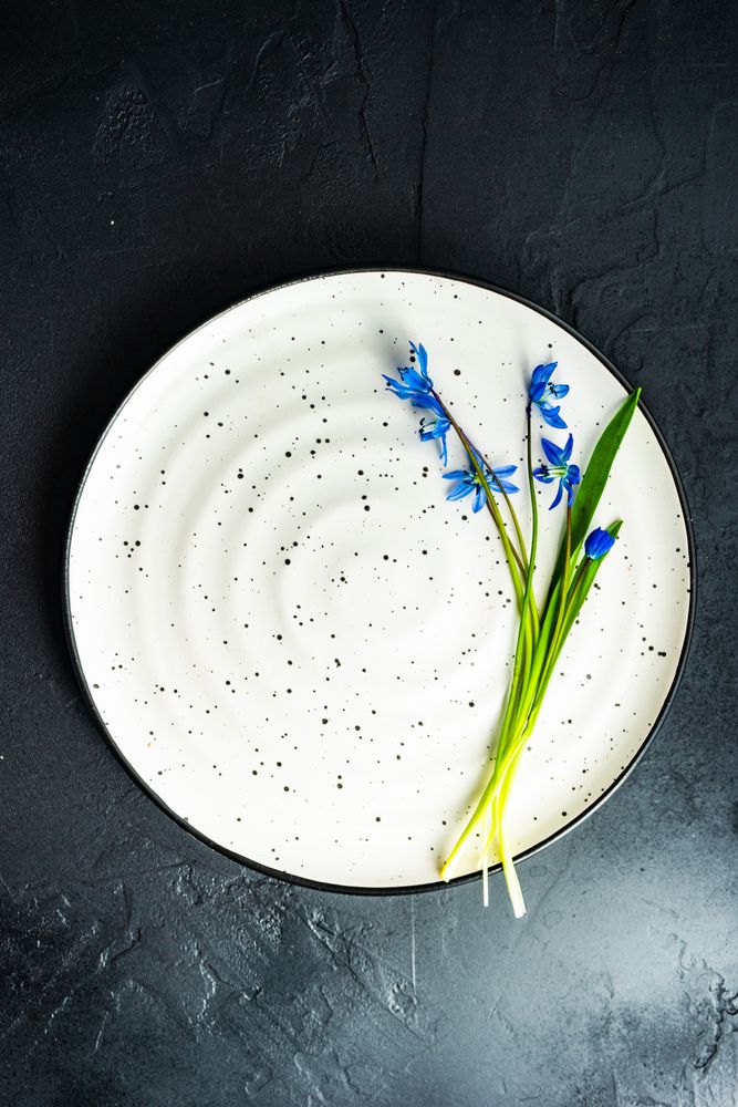 Top view of Easter setting with blue scilla siberica