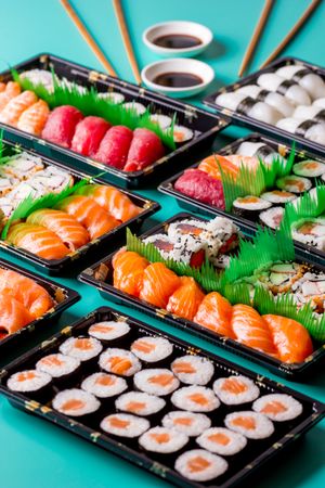 Tasty sushi served in a table