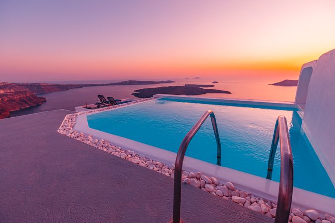 Pool with a view of colorful sunset