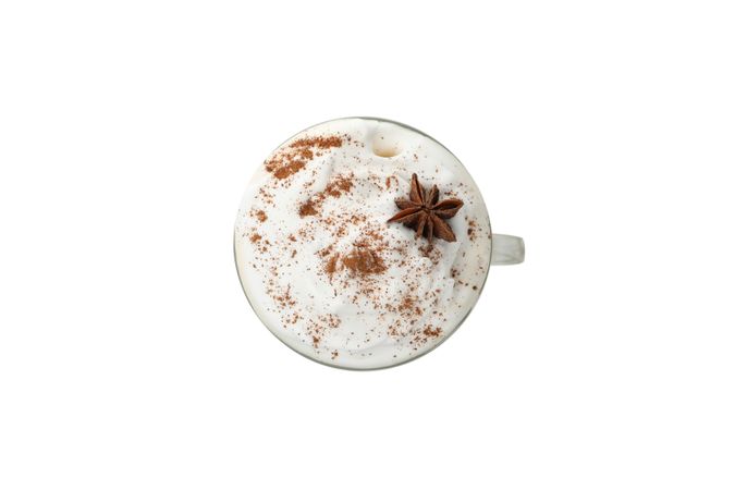Glass cup of latte isolated on neutral background