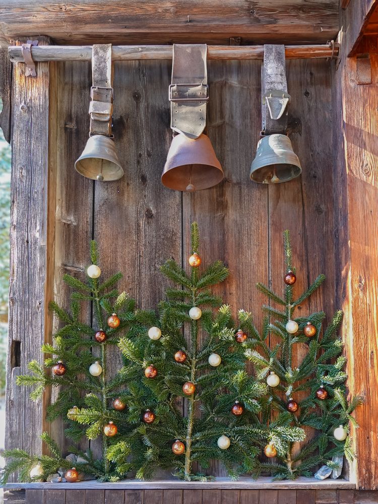 Three large cow bells over Christmas tree decorations