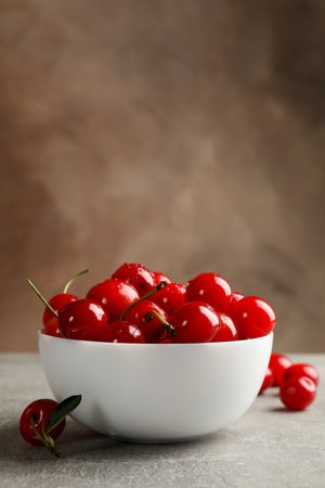 Bowl with red cherry on gray table, space for text