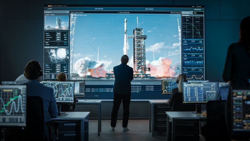 A Diverse Team Monitors a Rocket Launch on Large Screens in a High-tech Control Room, Analyzing Data and Ensuring Mission Success.