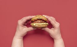 Vegan burger above view on a red table