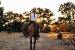 Young woman in hat riding a horse in the countryside at sunset