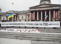 London, England, United Kingdom - March 5 2022: People with banner and Ukrainian flag 5pnEwb