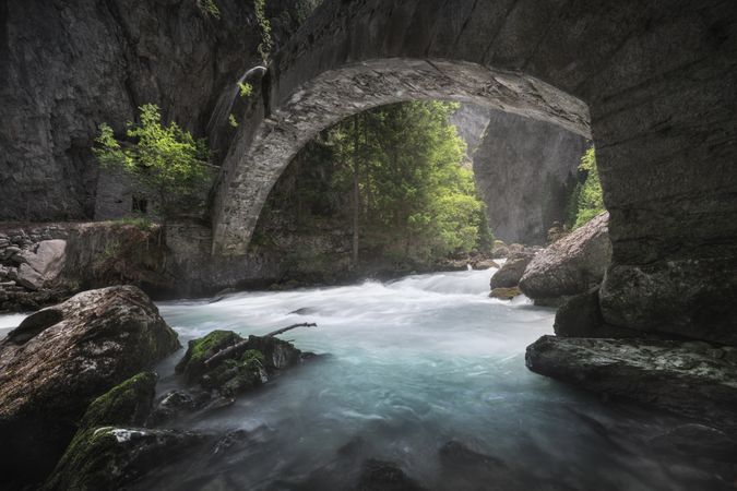 Bridge over the stream in the ravine of Pré Saint Didier, Aosta valley, Italy