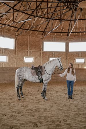 Rider with dapple gray horse in round arena