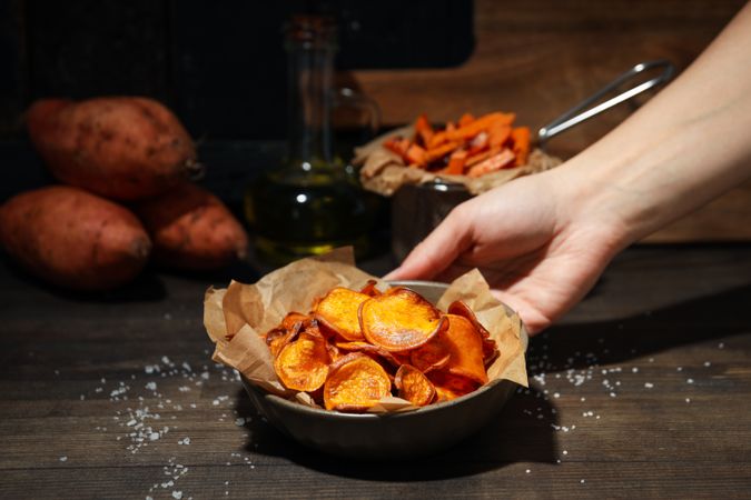 Concept of tasty food, fried sweet potato