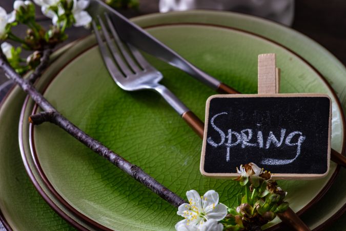 Spring table setting of green plates and branch