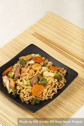 Yakisoba noodles. Yakisoba dish with meat, chicken and vegetables. bE9r9l
