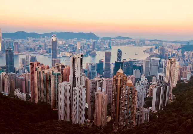 Aerial view of Hong Kong Island during sunset