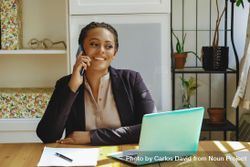 Smiling female business owner taking phone call in her home office 48y7jb