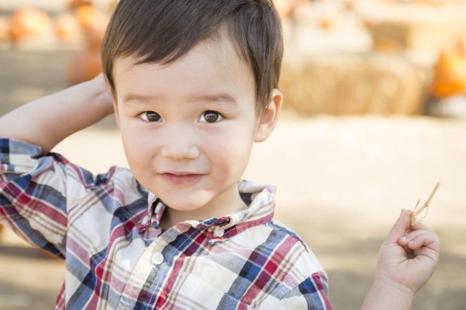 Curious Young Boy Having Fun at the Pumpkin Patch