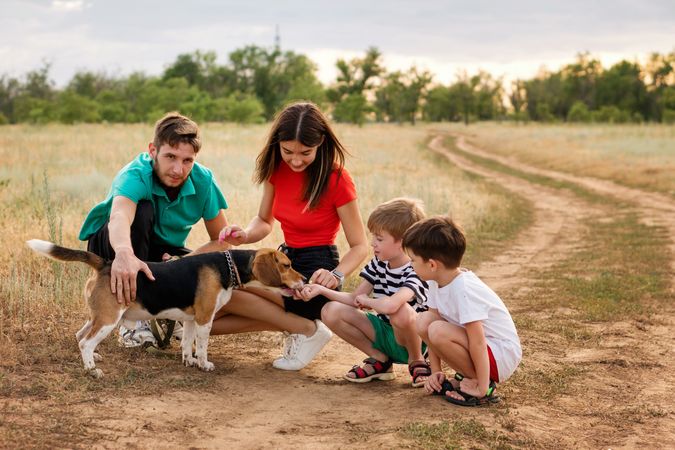 Family walk the dog in rural settings