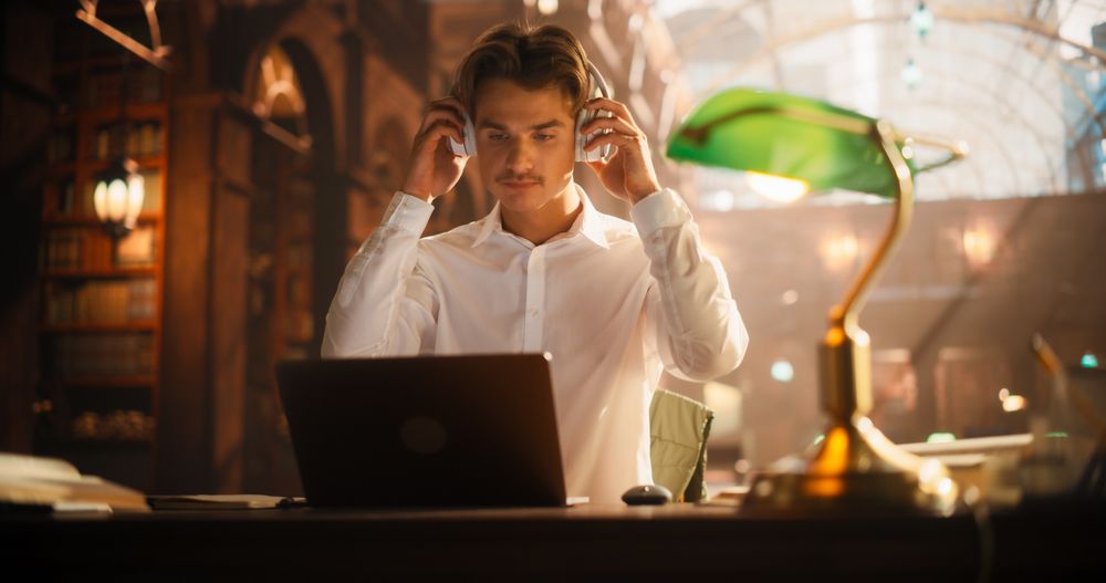Serious Young Man Studying With Laptop in a Classical Library