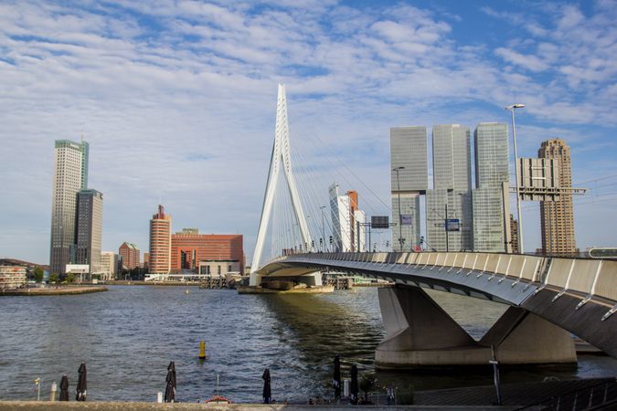 Bridge over body of water near city buildings in Rotterdam, the Netherlands