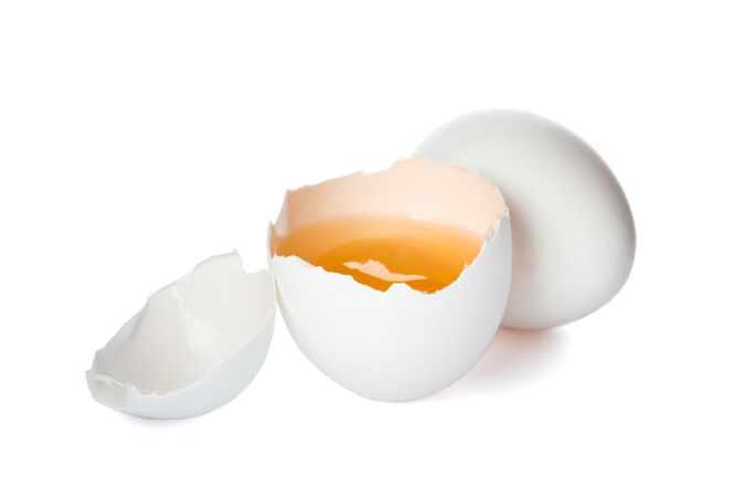 Chicken egg and half yolk isolated on blank background