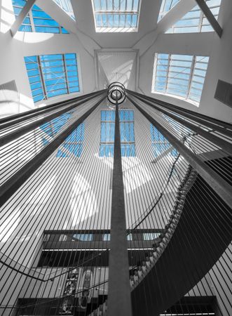 Geometric staircase and glass roof in a modern building. Look up. Library of Strasbourg.