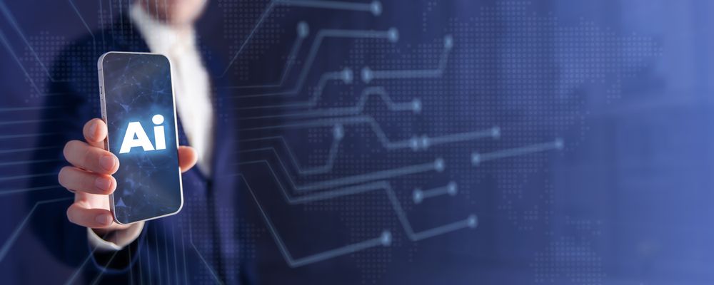 Ai and business management banner with man holding smartphone with "AI" on screen