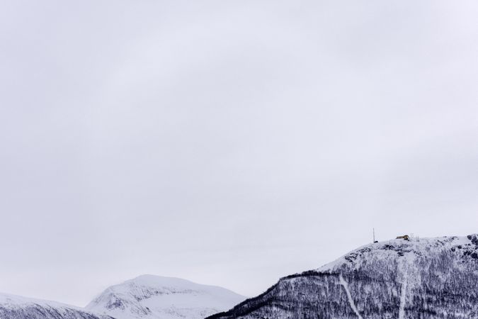 Snowy day in Fjellstua on Storsteinen Mountain in Tromso, Norway