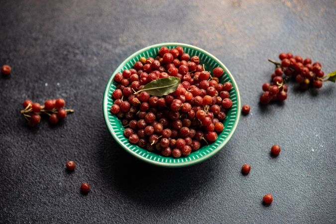 Ripe red berry of autumn olive shrub in a green bowl on stone background with copy space