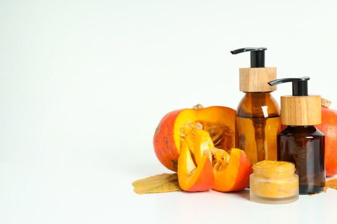 Concept of different cosmetic products, Pumpkin cosmetics, space for text
