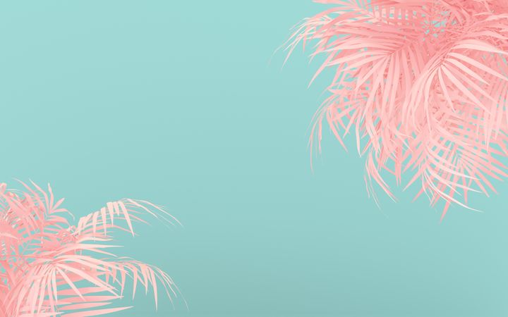 Green background with pink painted tropical leaves