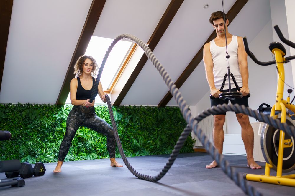 Couple doing rope exercise in home gym