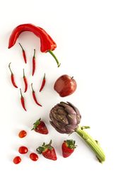 Mix of fruits and vegetables in red color