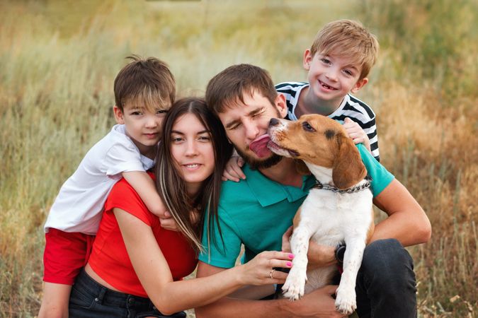 Family walk the dog
