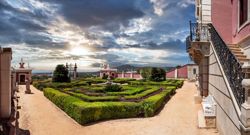 High resolution wide panoramic view of Garden of the Palace of Estoi