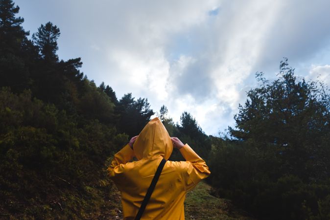Person in yellow raincoat walking in forest