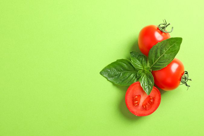 Fresh cherry tomatoes with basil on color background, space for text. Ripe vegetables