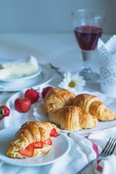 Homemade breakfast on light tablecloth
