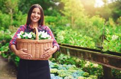 Smiling woman pictured in a greenhouse holding a basket of flowers