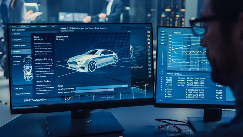 Professional Engineer Works on a Computer with a 3D CAD Software and Tests the Electric Car Chassis Prototype with Wheels, Batteries and Engine Standing in a High Tech Development Laboratory.