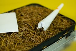 Hand rolled cigarette on loose tobacco