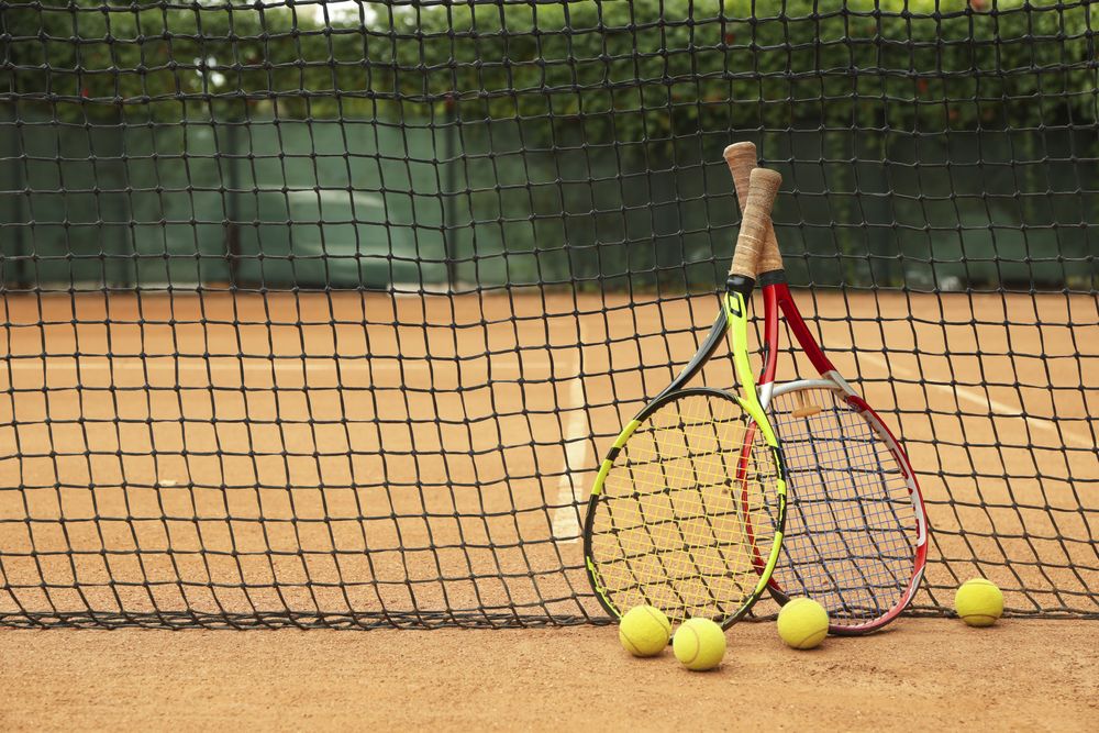 Rackets and tennis balls against net on clay court