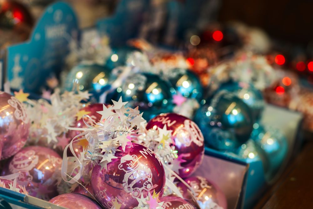 Christmas baubles for sale in market in Strasbourg, France