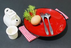 Table Setting with Eggs and Minimalist Teapot