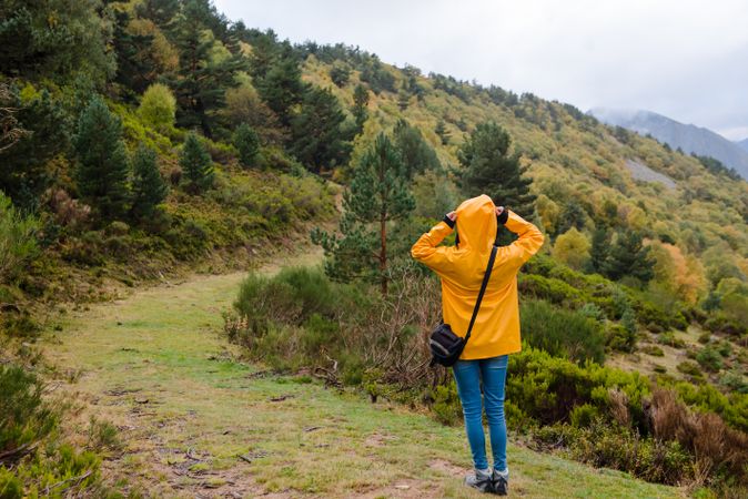 Person in yellow raincoat walking in forest