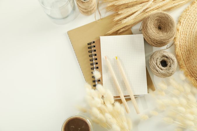 Looking down at table with notebook, pencils and willows with copy space