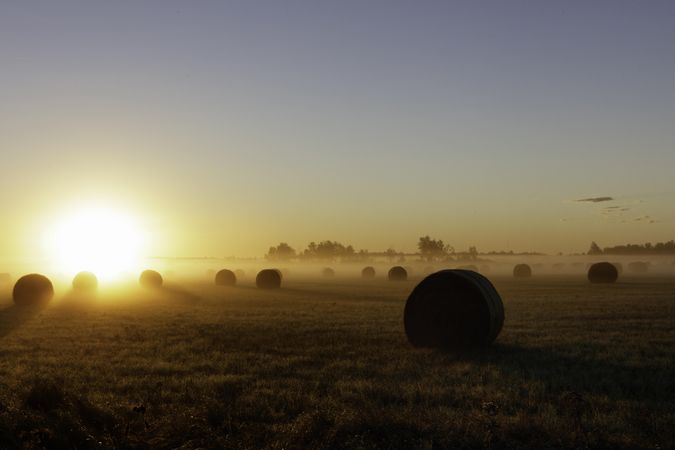 Hay rolls and sunrise on foggy field in McGregor, Minnesota