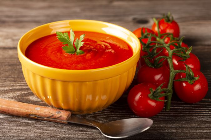 Delicious homemade tomato soup in bowl.